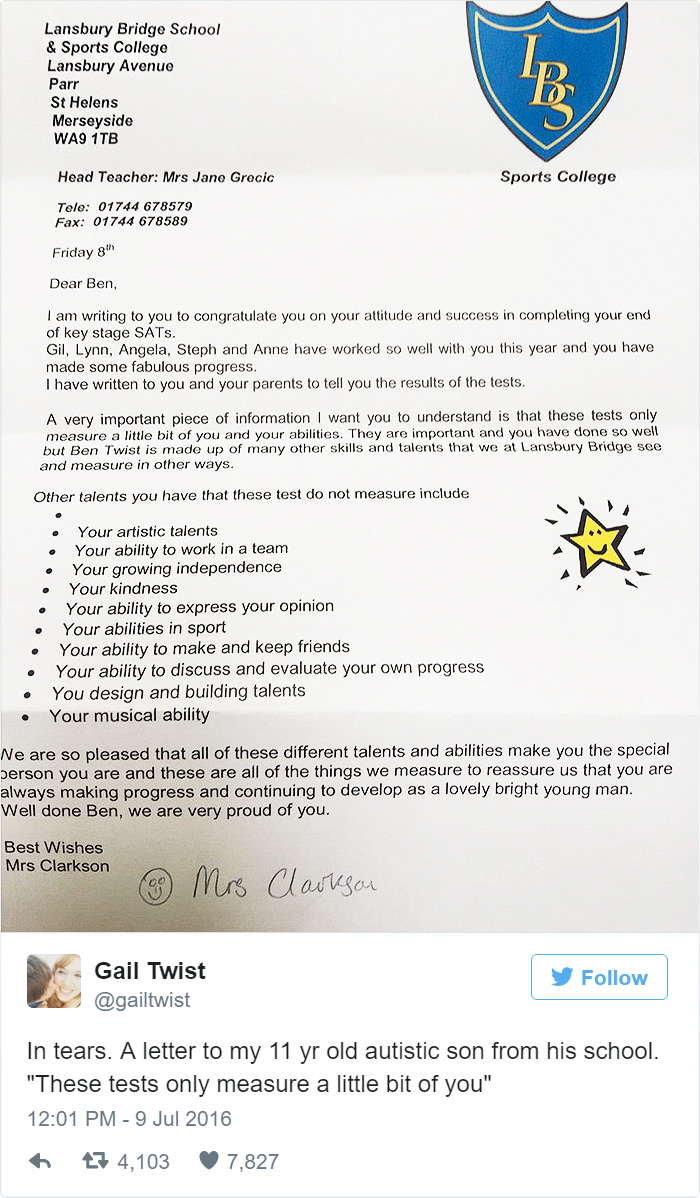Boy With Autism Fails Exams, Receives The Most Unexpected Letter From School