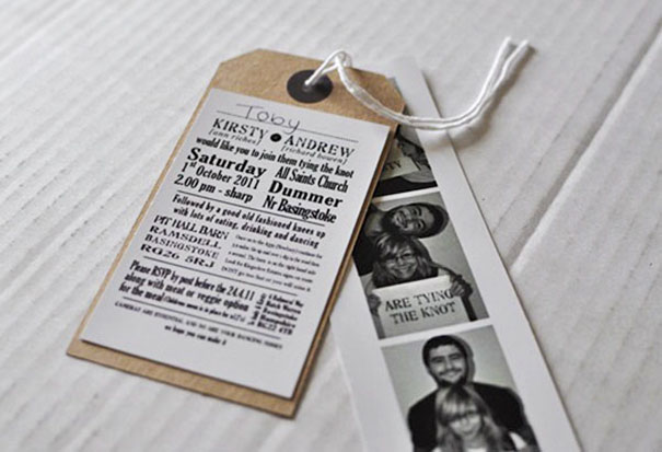Photobooth And Brown Luggage Tag Wedding Invitations