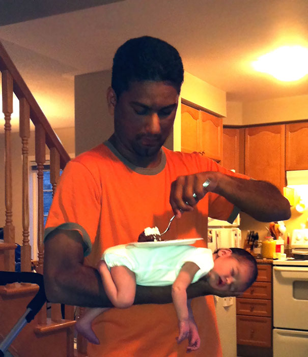 The Only Way My 3 Day-Old Daughter Would Fall Asleep. After Two Hours Of Carrying Her Around I Got Hungry
