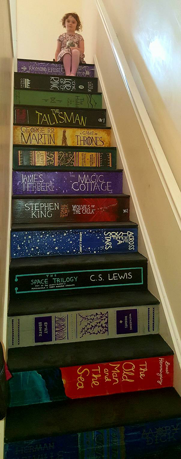 Woman Paints Staircase With Her Favorite Book Covers