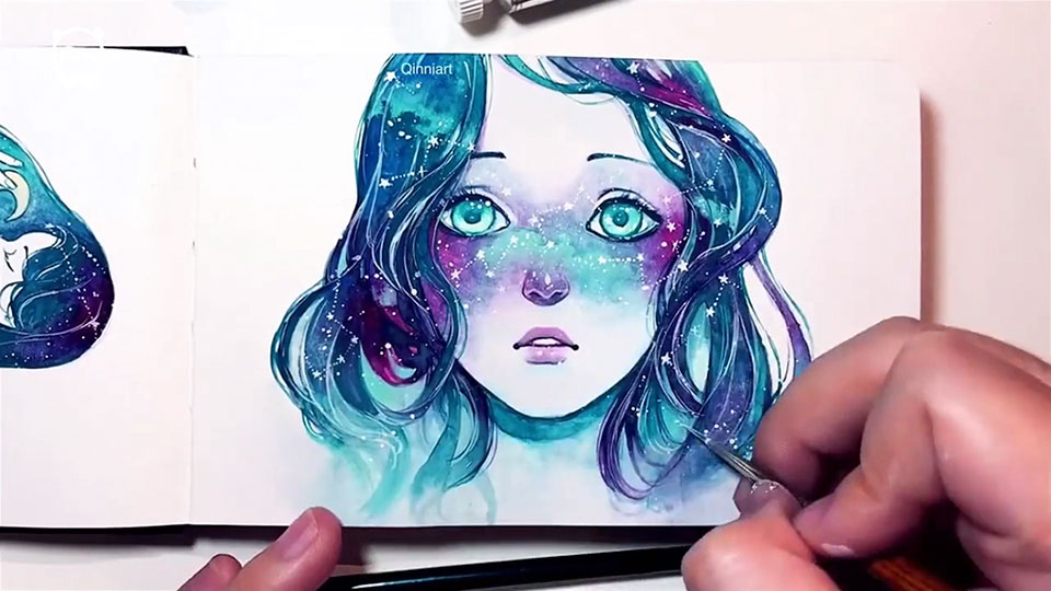 Starry-Eyed Girl With Constellations As Freckles Being Painted By Qinni