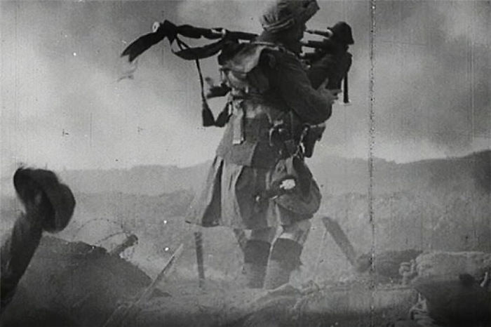 Scottish Piper In A Kilt On The Battlefield During World War One