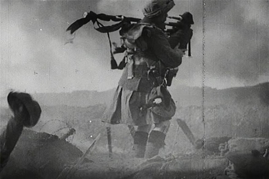 Scottish Piper In A Kilt On The Battlefield During World War One