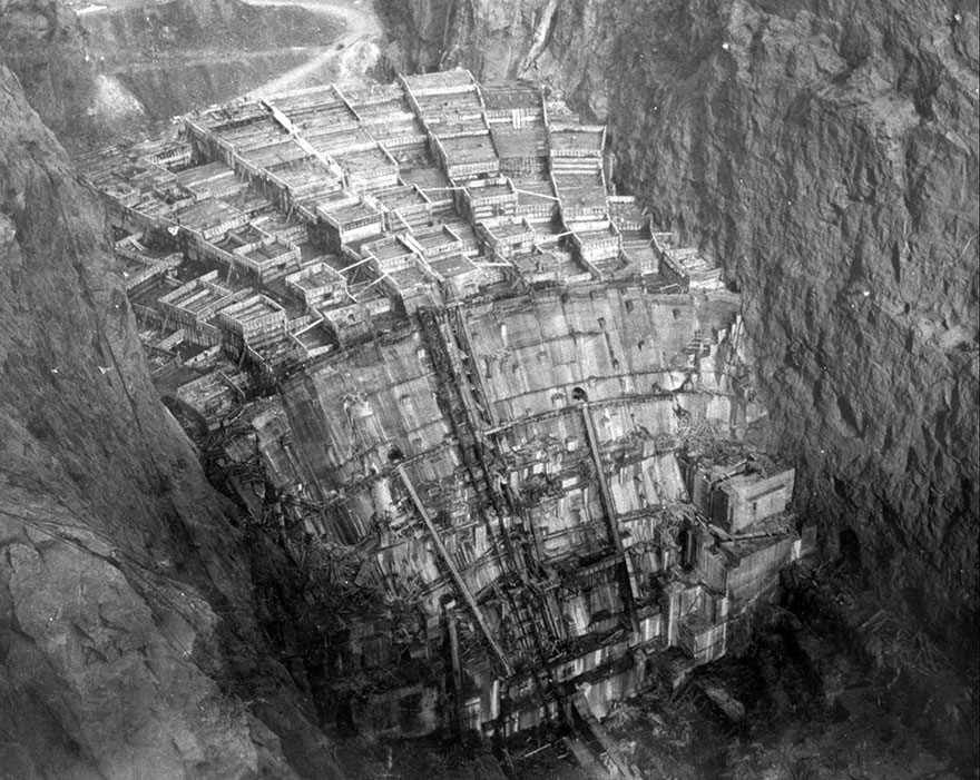 Columns Of Hoover Dam Being Filled With Concrete, February 1934 (Looking Upstream From The Nevada Rim)