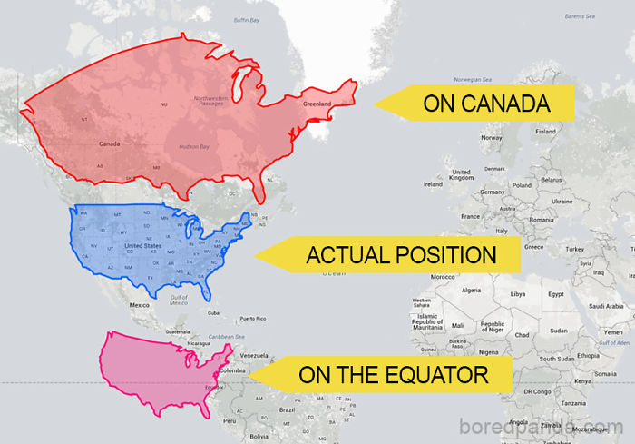 EEUU podría cubrir Canadá fácilmente, pero según lo mueves al sur, se empequeñece