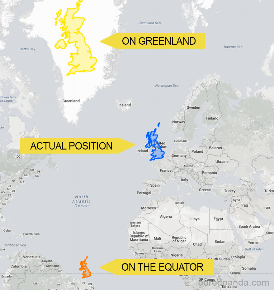 Buzzfeed: Because it’s so far north, the UK also benefits from the shortcomings of the Mercator projection.