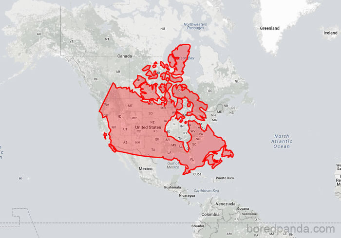 Canada sobre EEUU muestra que son más o menos del mismo tamaño