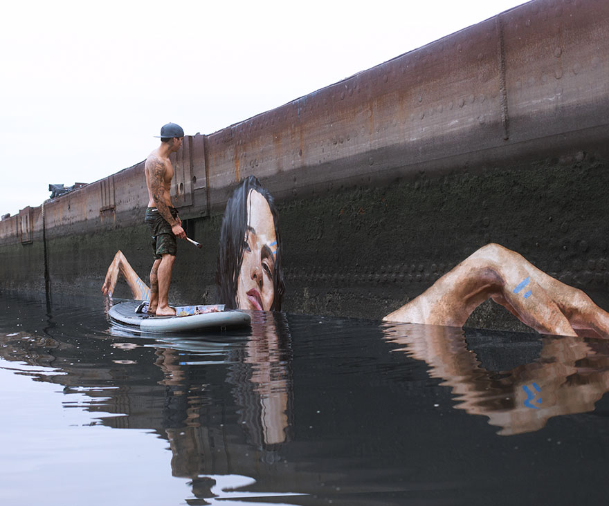 Artist Paints NEW Stunning Seaside Murals While Balancing On A Paddleboard