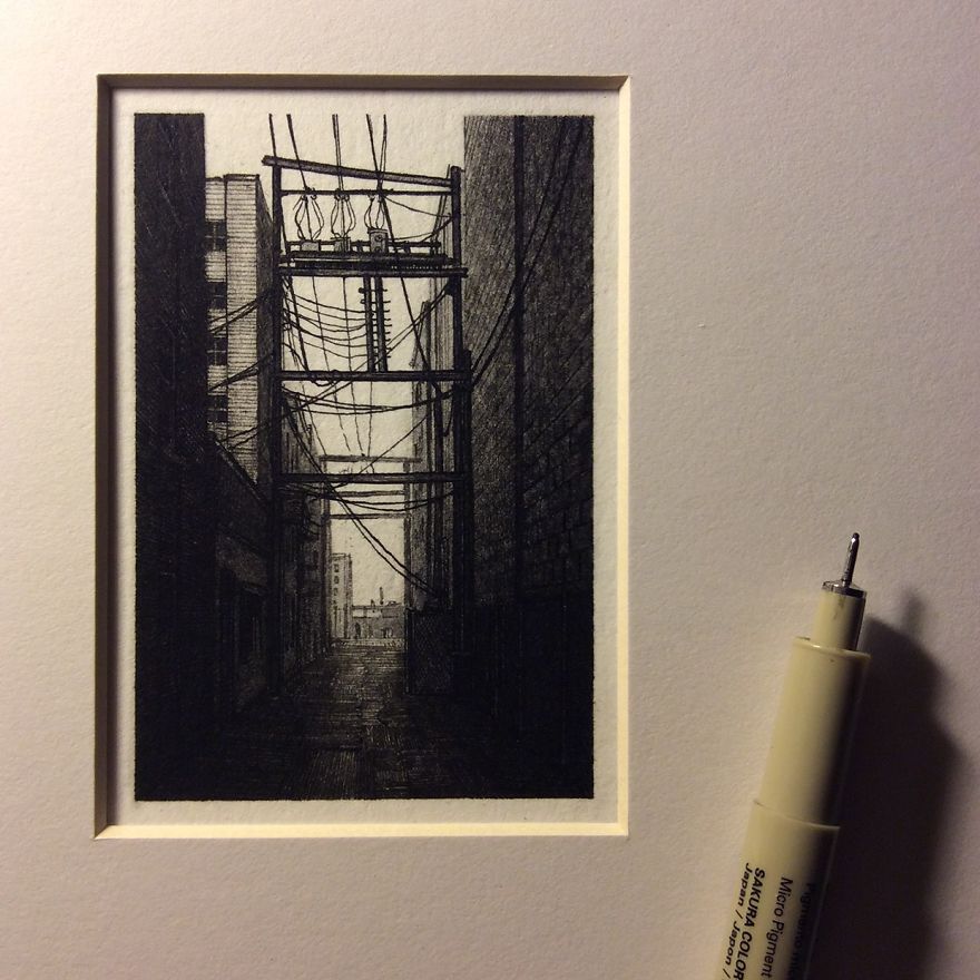 Miniature Architecture Drawings Created With Pencil And Ink