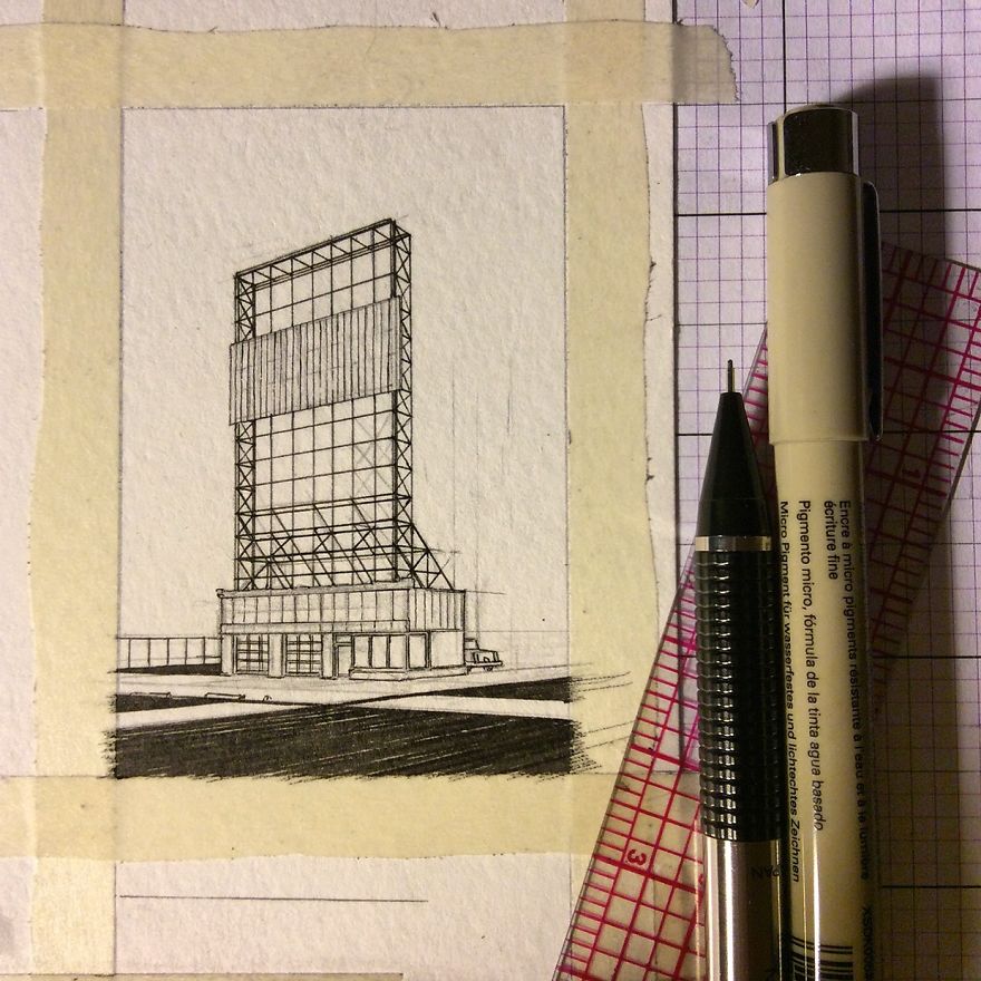 Miniature Architecture Drawings Created With Pencil And Ink