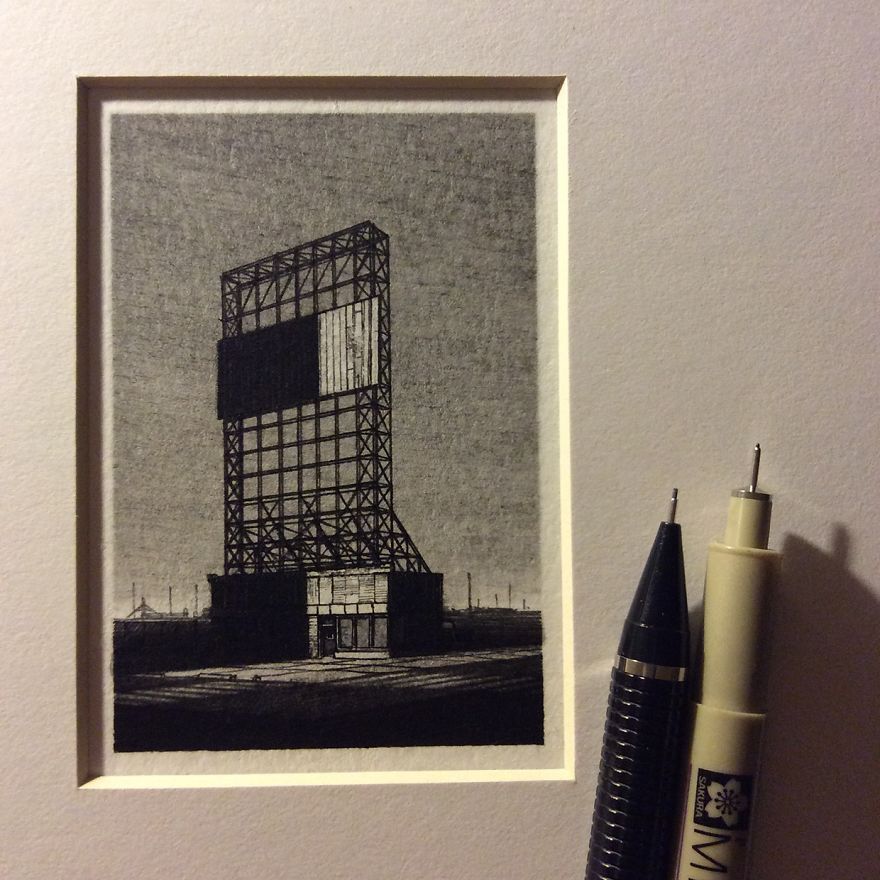 Miniature Architecture Drawings Created With Pencil And Ink