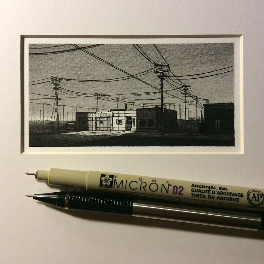 Miniature Architecture Drawings Created With Pencil And Ink
