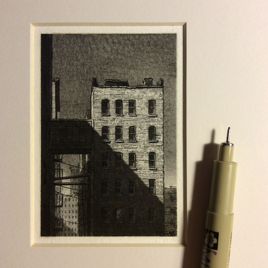Miniature Architecture Drawings Created With Pencil And Ink