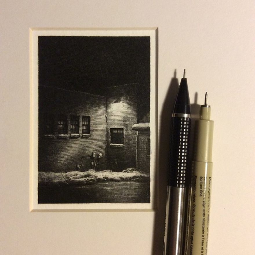 Miniature Architecture Drawings Created With Pencil And Ink