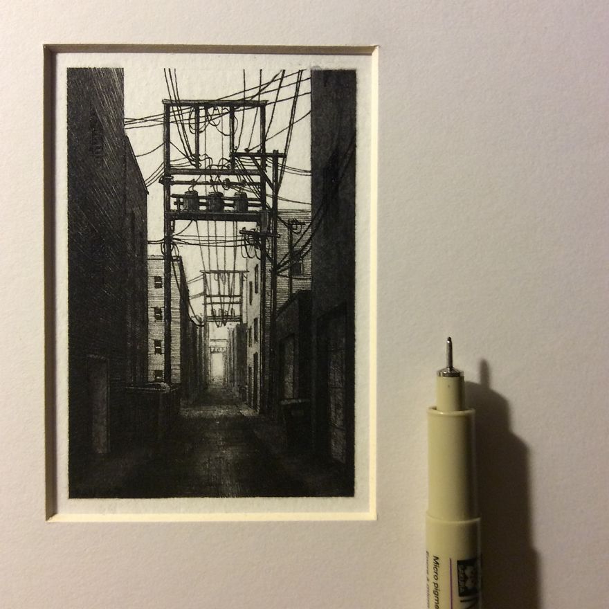 Miniature Architecture Drawings Created With Pencil And Ink