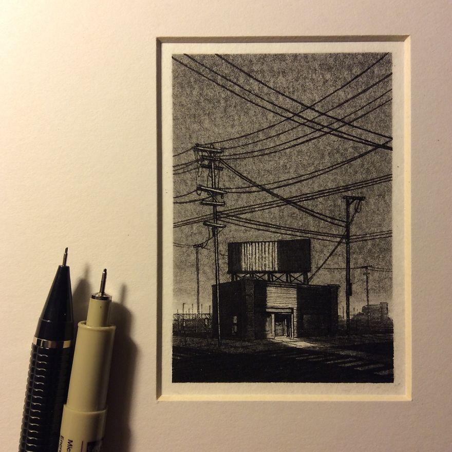 Miniature Architecture Drawings Created With Pencil And Ink