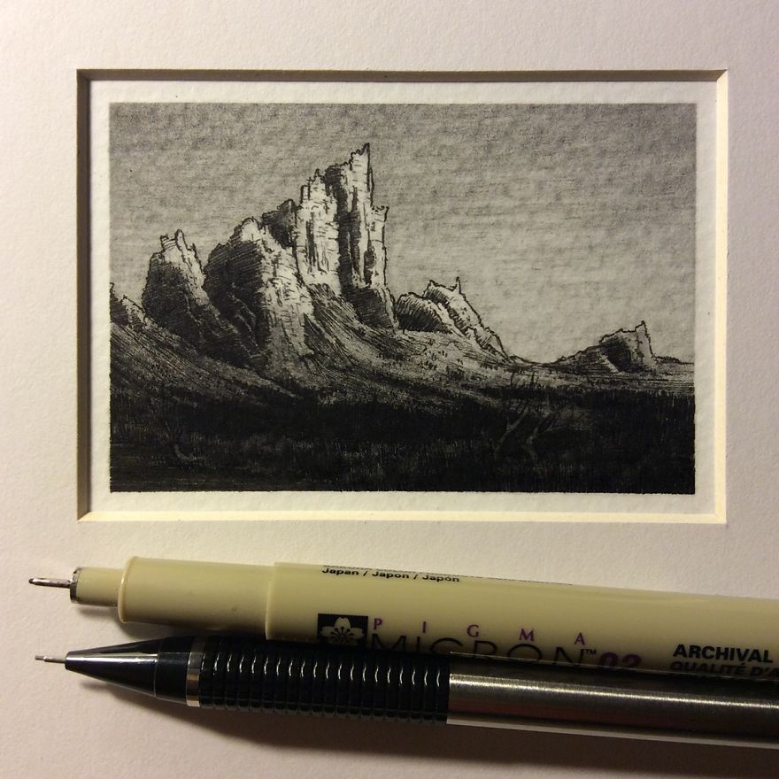 Miniature Architecture Drawings Created With Pencil And Ink