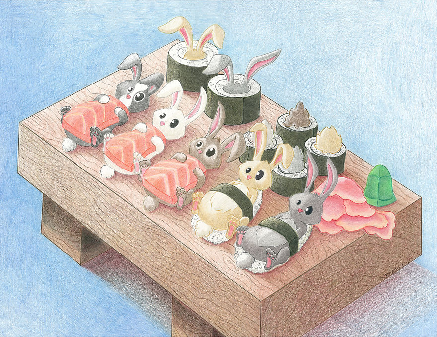 "bunny Sushi" - Jeffrey Mason - Digital Artwork 8.5"x11" - Http://jeff-smash.blogspot.ca