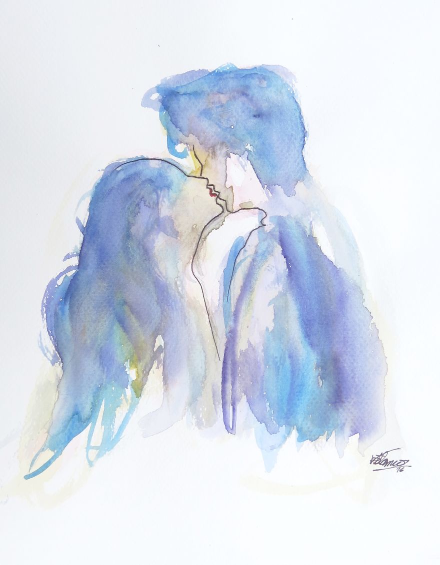 Kiss In The Rain | By: Veronica Blanco | Watercolour On Paper | Www.veronicablancoart.com