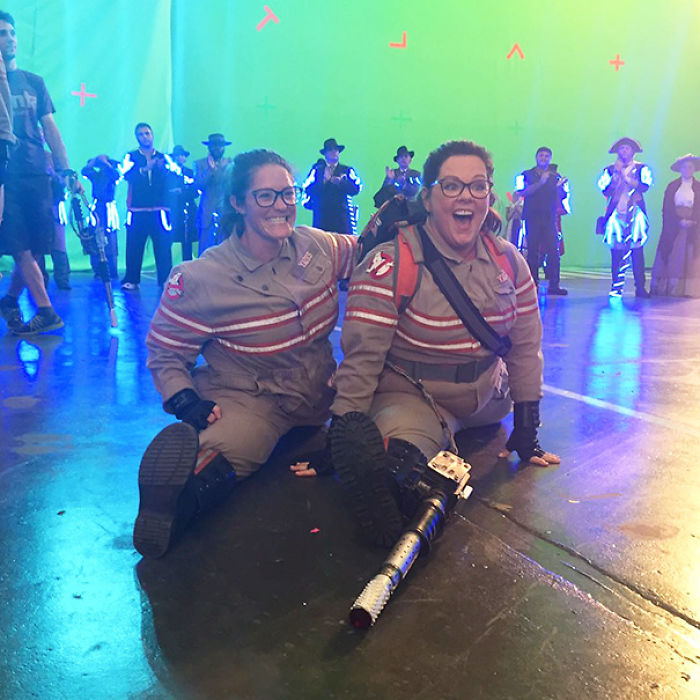 Melissamccarthy With Her Stunt Double Luci Romberg On The Set Of Ghostbusters