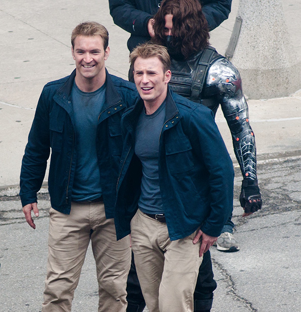 Chris Evans With His Stunt Doubles On The Set Of Captain America 2: The Winter Soldier