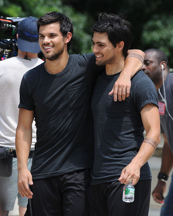 Taylor Lautner With His Stunt Double On The Set Of Tracers