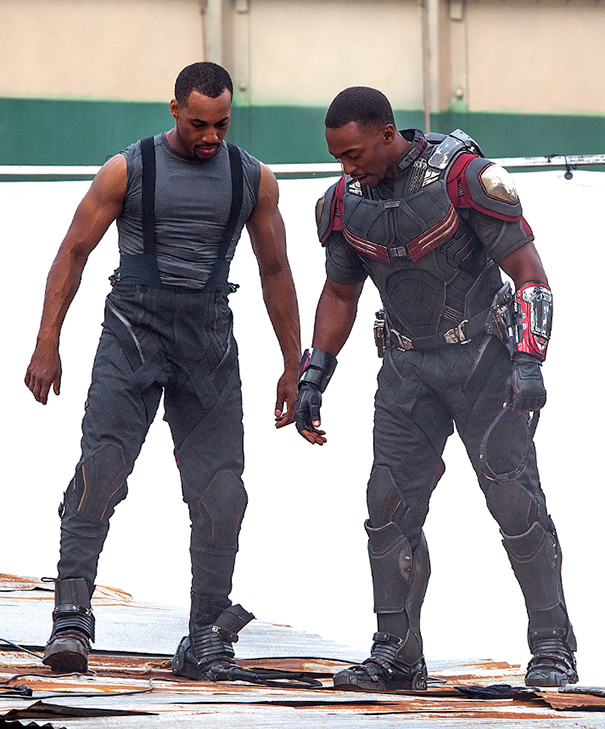 Anthony Mackie With His Stunt Double On The Set Of Captain America: Civil War