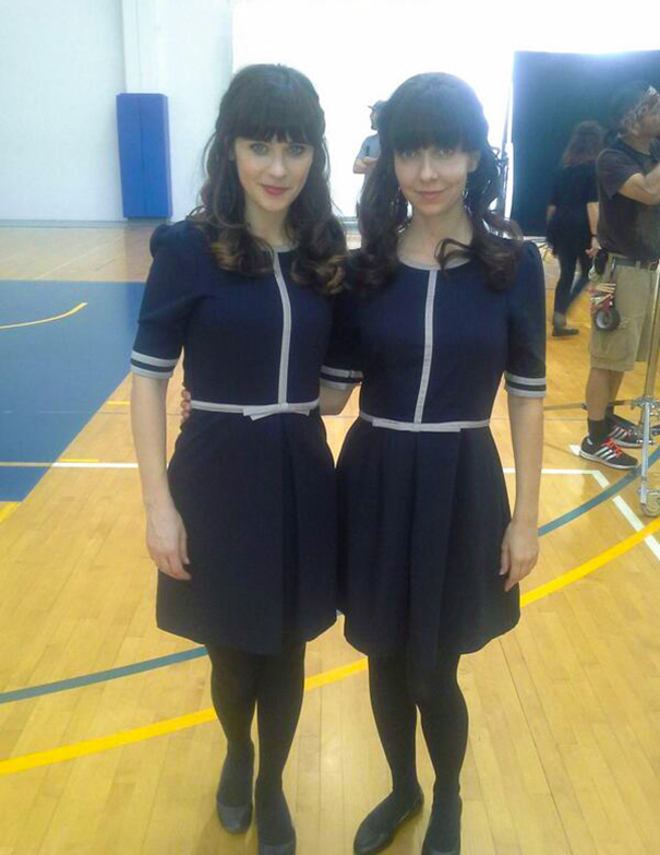 Zooey Deschanel With Stunt Double Monica Braunger On The Set Of New Girl
