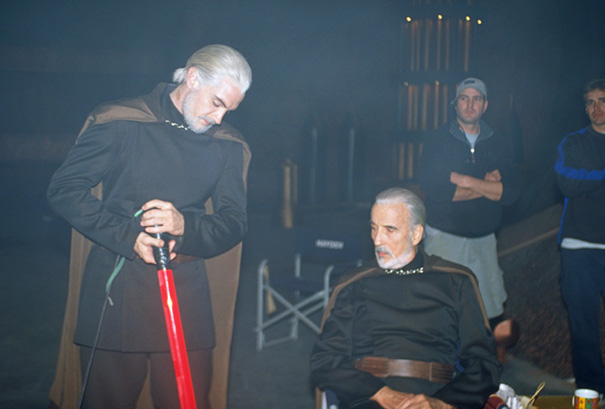 Sir Christopher Lee With His Stunt Double N The Set Of Star Wars: Attack Of The Clones