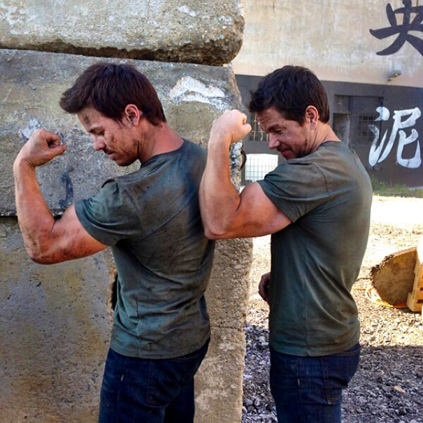 Mark Wahlberg With Stunt Double Dan Mast On The Set If Transformers: Age Of Extinction