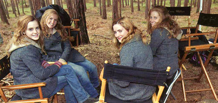 Emma Watson With Her Stunt Doubles On The Set Of Harry Potter
