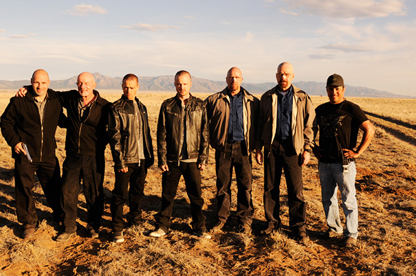 Jonathan Banks, Aaron Paul, Bryan Cranston And Their Stunt Doubles On The Set Of Breaking Bad