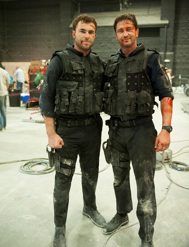 Gerard Butler With His Stunt Double Airon Armstrong On The Set Olympus Has Fallen