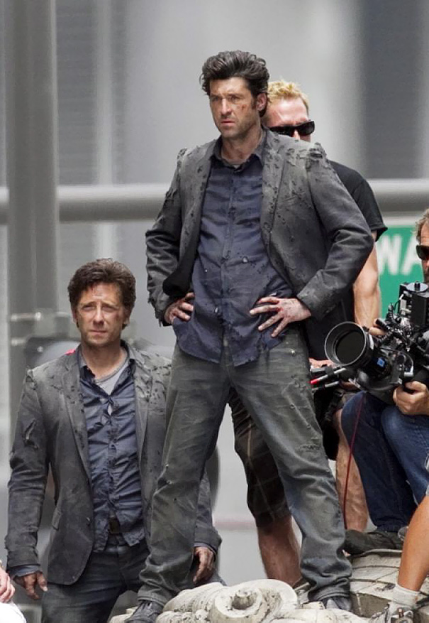 Patrick Dempsey And His Stunt Double Stand By On The Set Of Transformers 3
