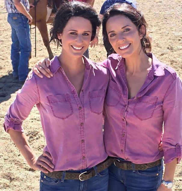 Michelle Morgan With Her Stunt Double Becky Treich On The Set Of Heartland