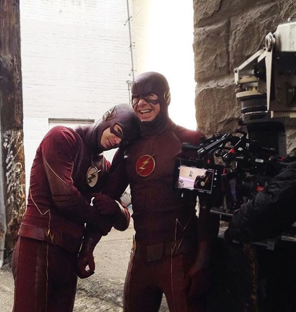 Grant Gustin With His Stunt Double Cody Laudan On The Set Of The Flash