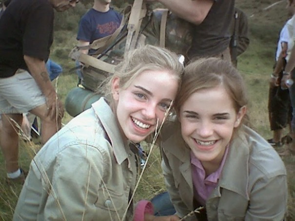 Emma Watson With Her Stunt Double On The Set Of Harry Potter
