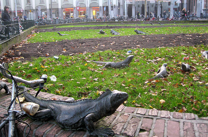 Sculptures of large lizards scattered across a city park lawn surrounded by buildings and bicycles.