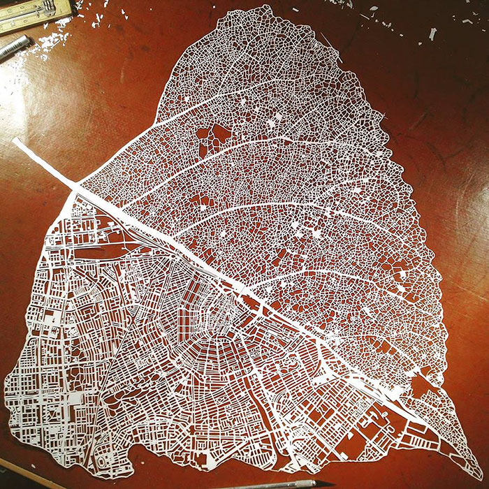 Paper Cut Into Leaf Map Of Amsterdam By Nils Westergard