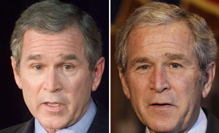 Side effects of presidency shown in before and after pictures of George W. Bush with visible aging changes.