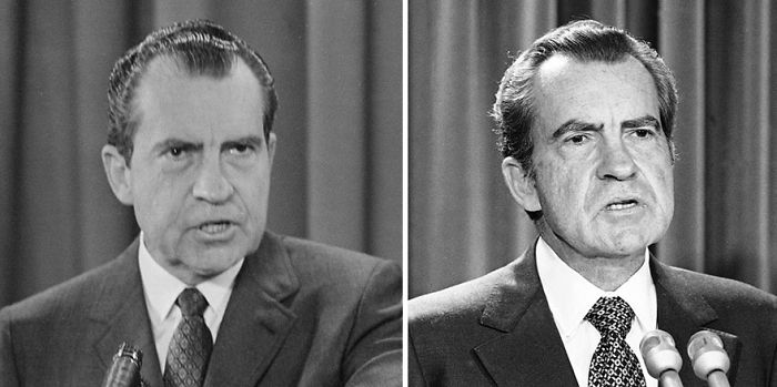 Side effects of presidency shown in before and after photos of President Richard Nixon during speeches.
