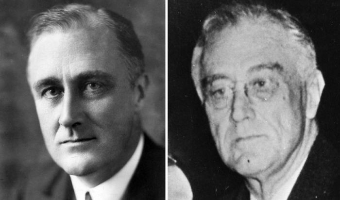 Side effects of presidency shown in before and after black and white pictures of U.S. president Franklin D. Roosevelt.