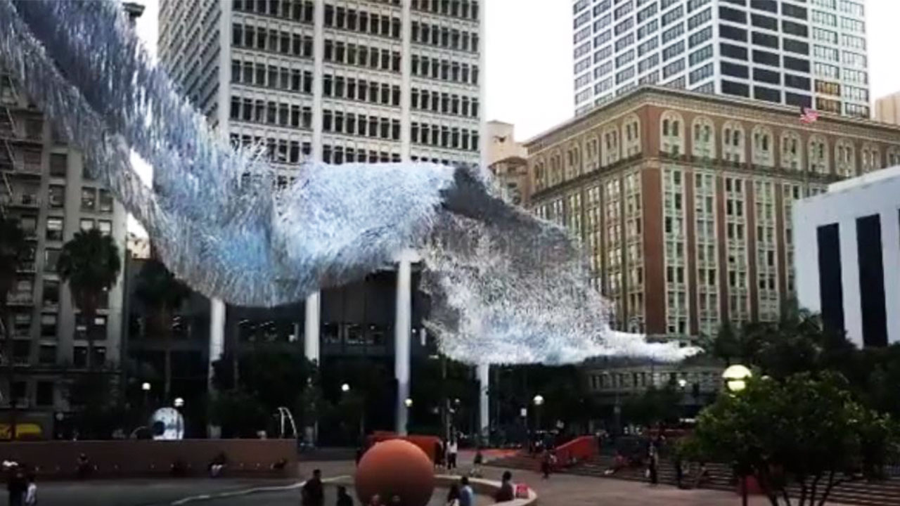 Mesmerizing Kinetic Sculpture Called 'Liquid Shard' Futters Over L.A.’s Pershing Square