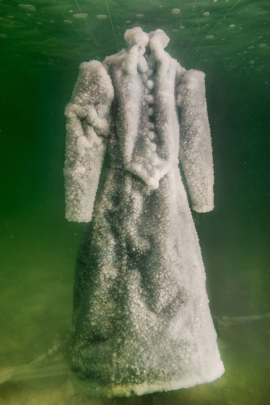Underwater the salt crystal formations cover the dress, creating a beautiful effect. 