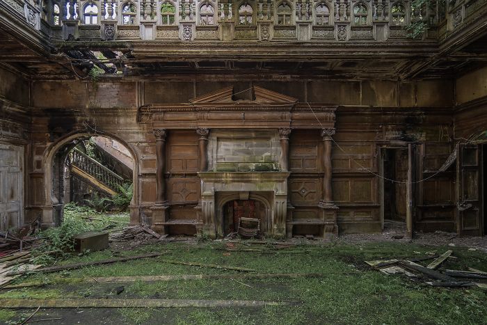 Abandoned Britain interior of a decaying grand room with ornate wooden paneling and overgrown floor in a forgotten UK building.