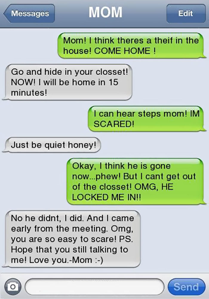 Funny text exchange between mom and child about a fake thief locked in a closet prank.