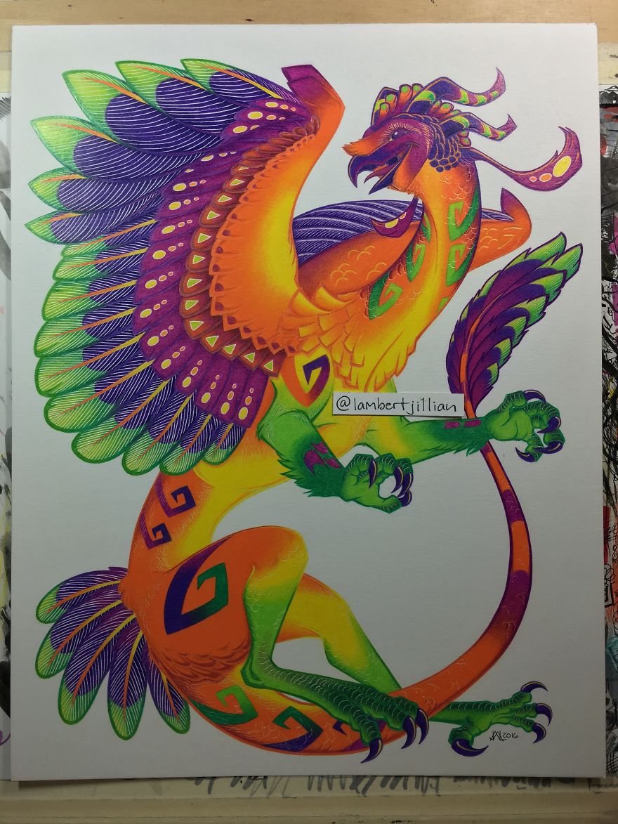 I Spent 32 Hours Creating A Colored Pencil Barn Owl Dragon Inspired By Oaxacan Woodcarvings