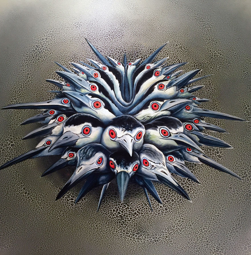 I Painted A New Species Of Sea Urchin Out Of A Whole Bunch Of Bird Heads
