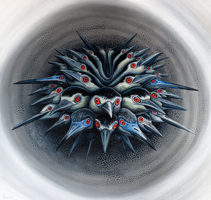 I Painted A New Species Of Sea Urchin Out Of A Whole Bunch Of Bird Heads
