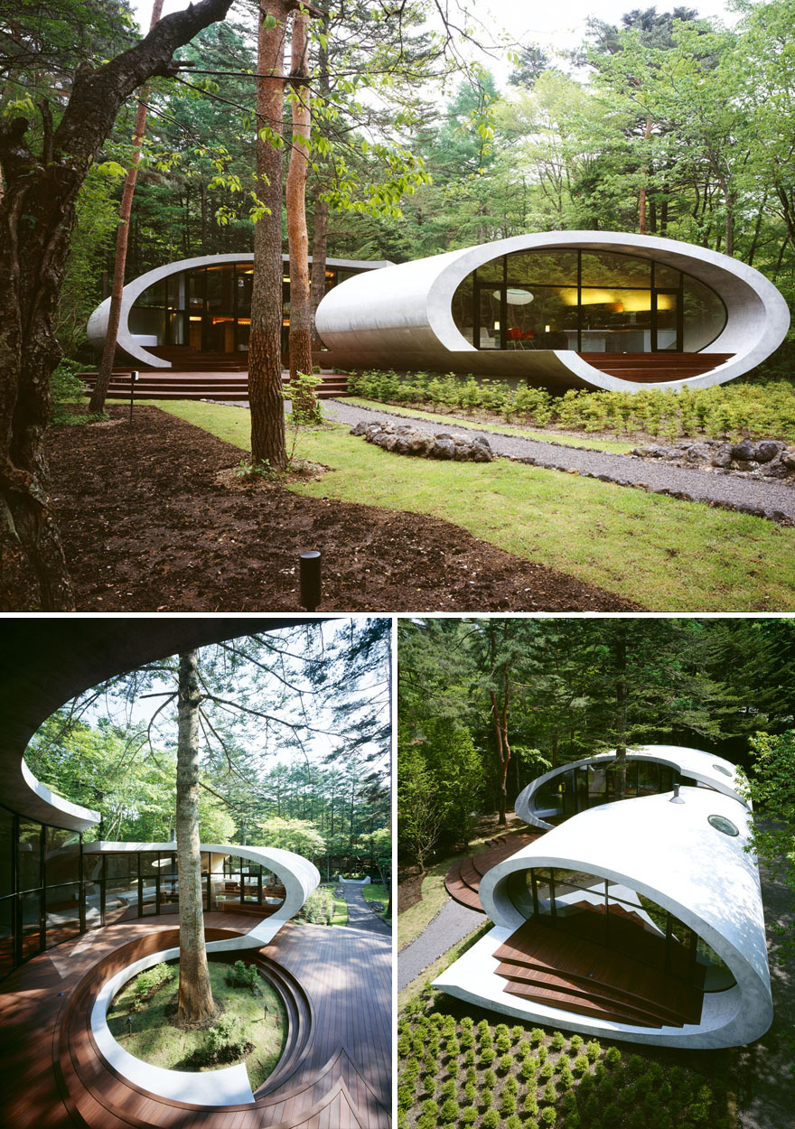 A Large Shell Shaped Structure In The Middle Of The Woods In Kitasaku District